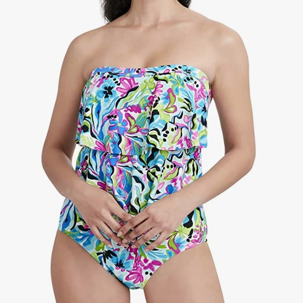 Caribbean Joe tiered bandeau 1 piece swimsuit removable straps floral Small NWT